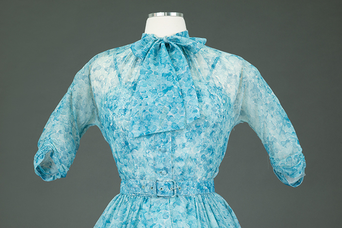 Image of Blue floral dress, underdress, and belt, 1955
