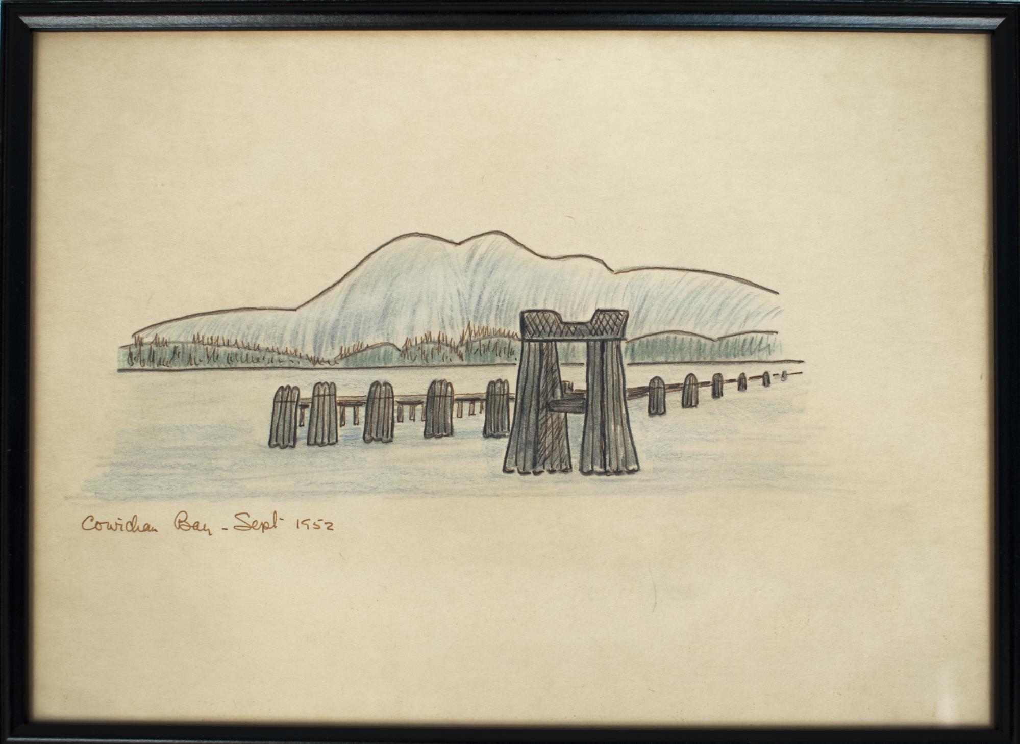 Image of Colored drawing of Cowichan Bay by Bertha Marie Boeing, September, 1952