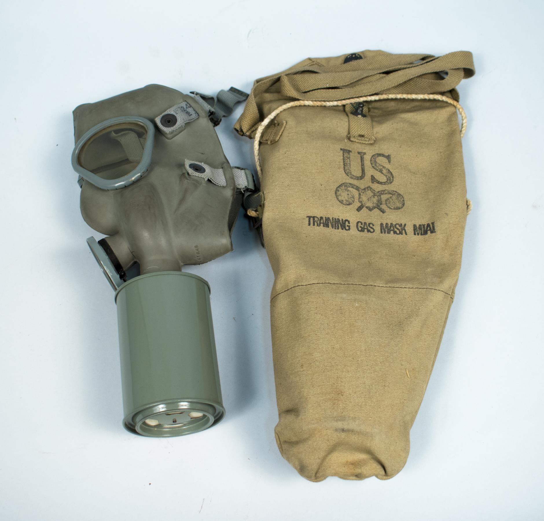 Image of Gas mask with canvas carrying bag used for Civil Defense training, 1946