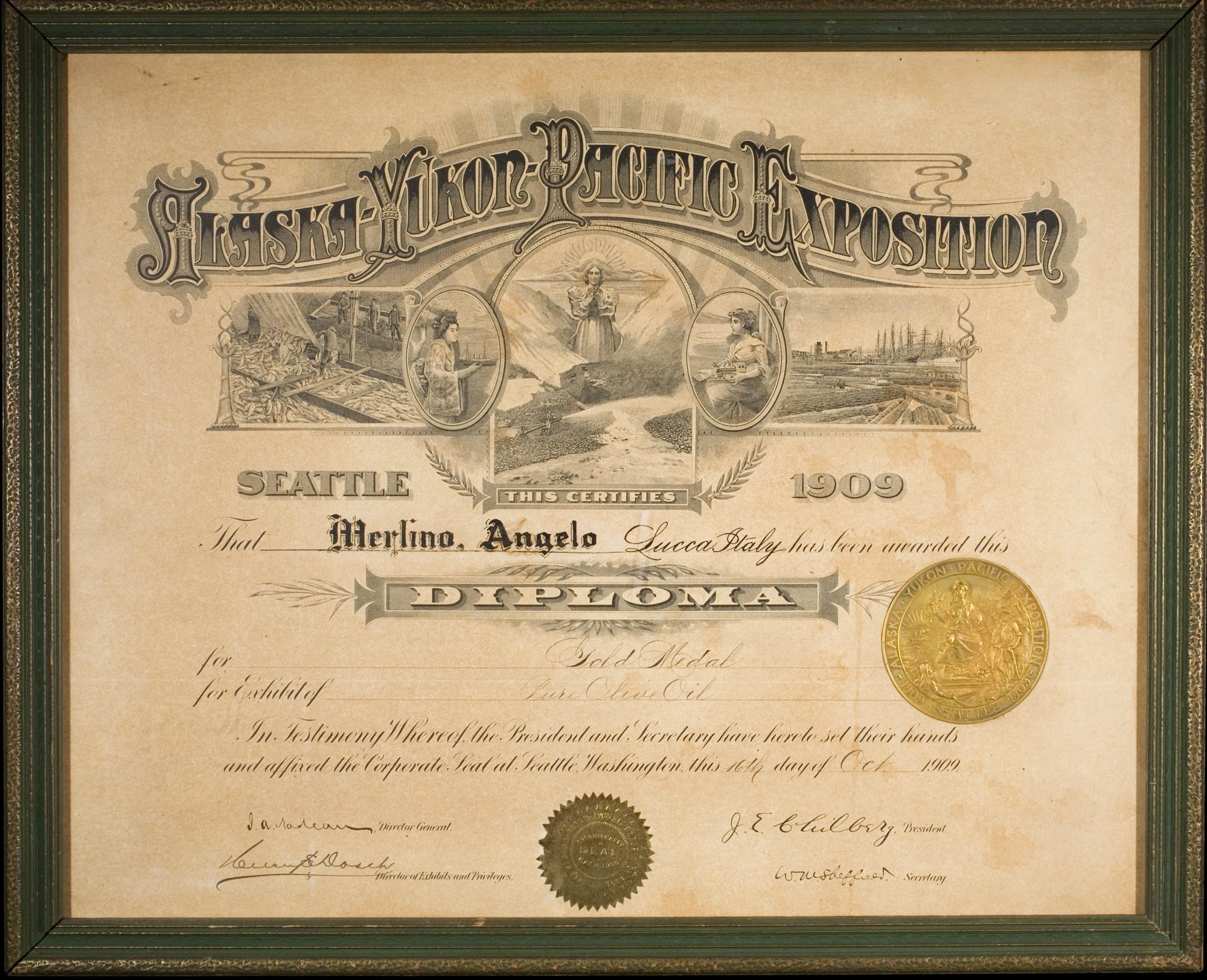 Image of Alaska-Yukon-Pacific Exposition (AYPE) Diploma awarded to Merlino Olive Oil, 1909
