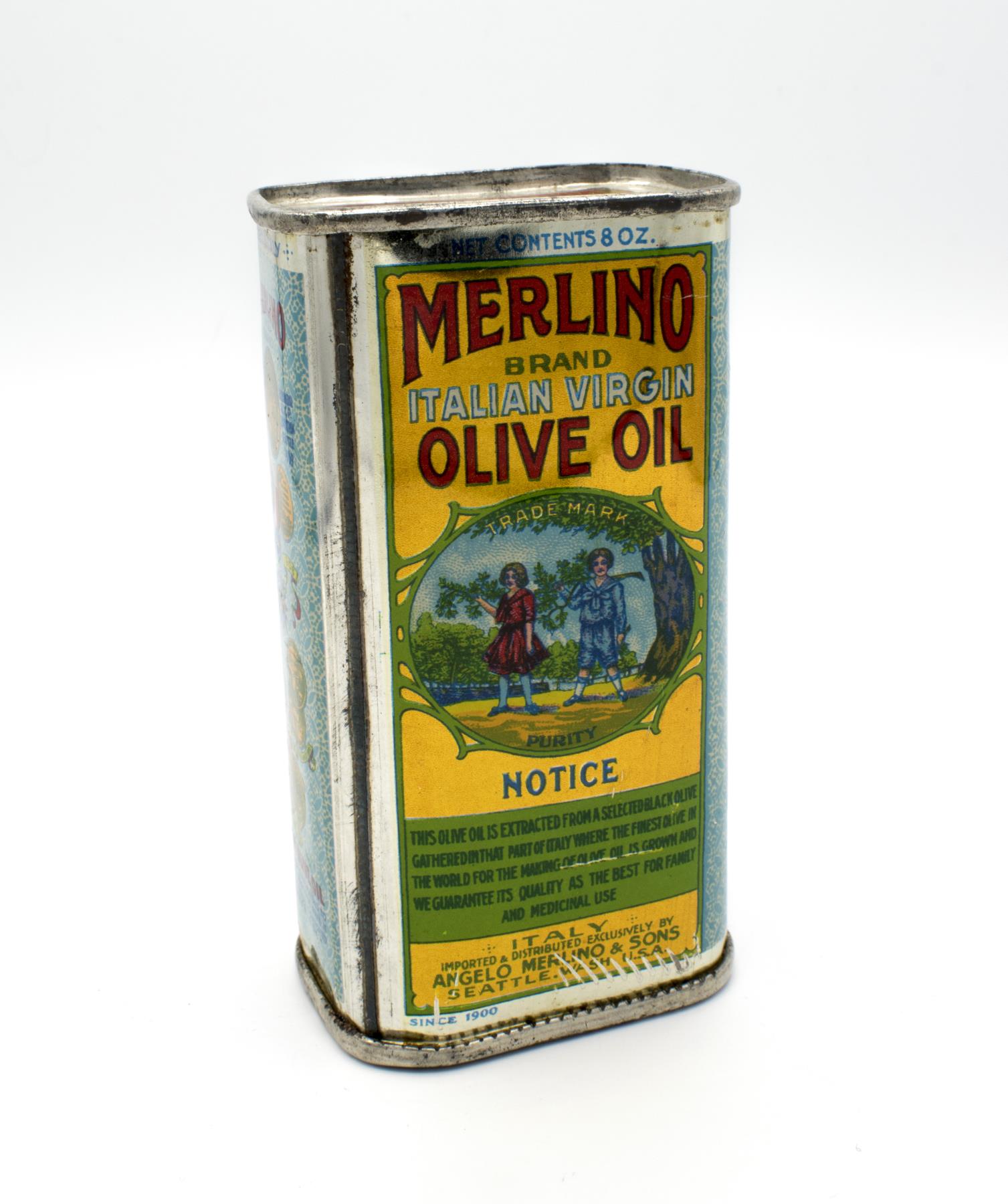 Image of Olive oil can, from Merlino Olive Oil Company, 1985-1995