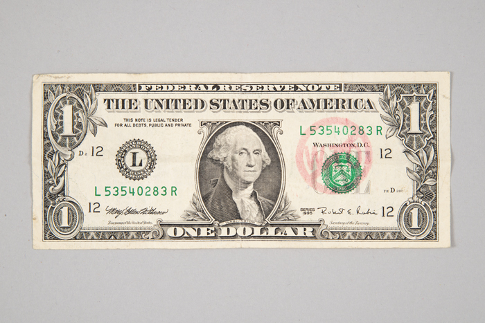 Image of Dollar bill from the World Trade Organization (WTO) protest in Seattle, 1999