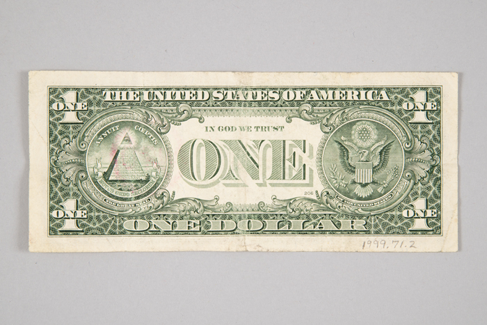 Image of Dollar bill from the World Trade Organization (WTO) protest in Seattle, 1999