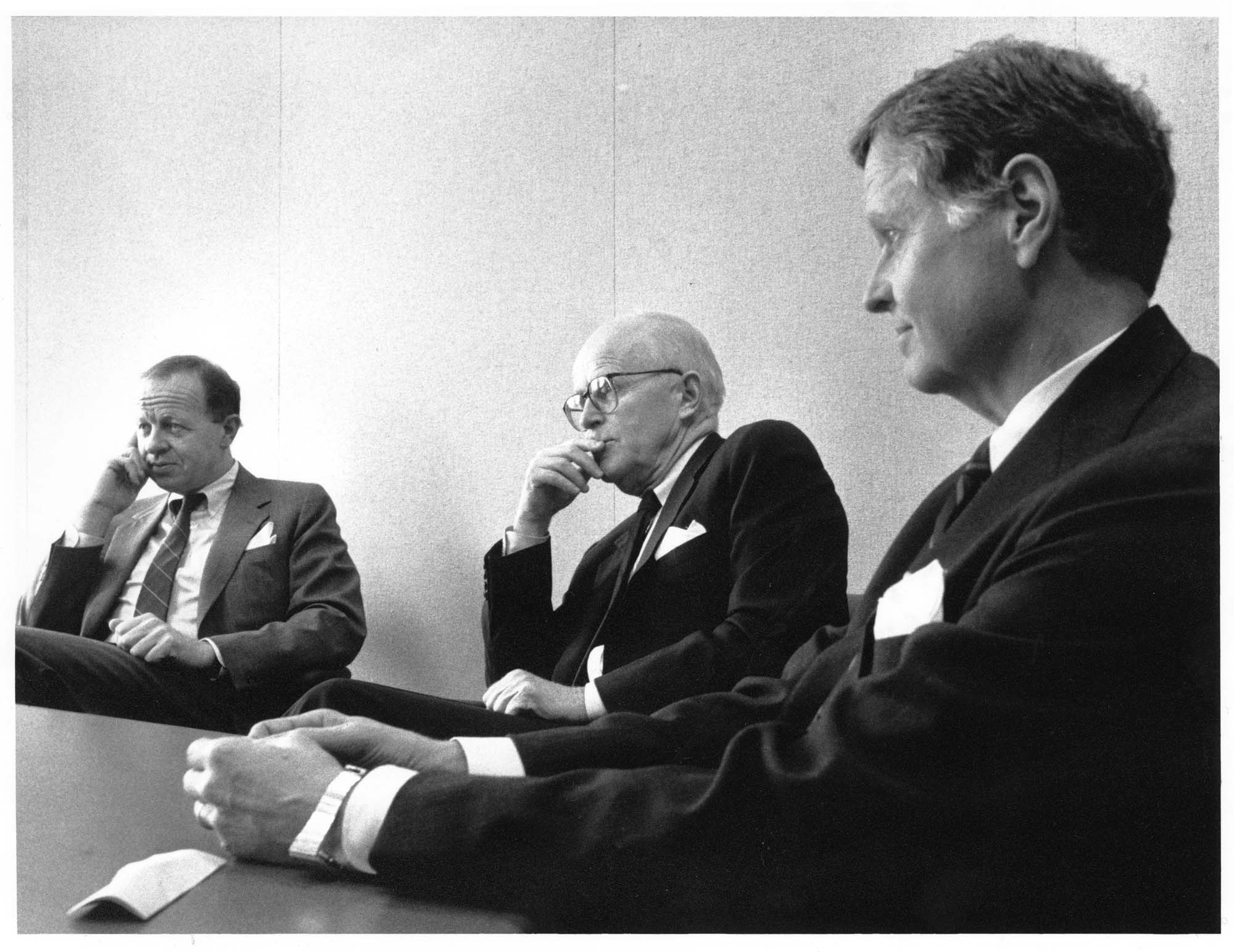 Image of Bruce Nordstrom with his sons Jim and John, Seattle, February 26, 1990