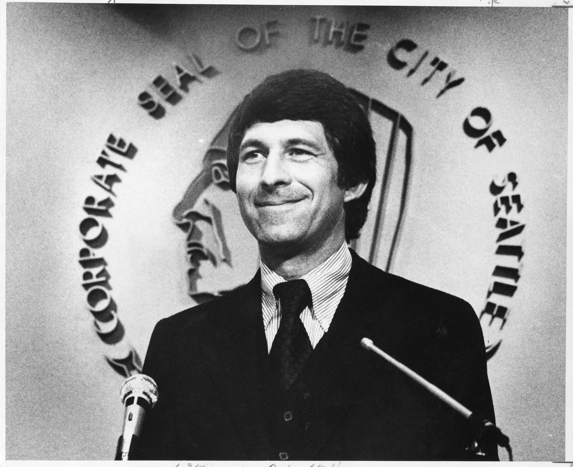 Image of Seattle Mayor Charles Royer after swearing in ceremony Seattle City Hall, January 9, 1978