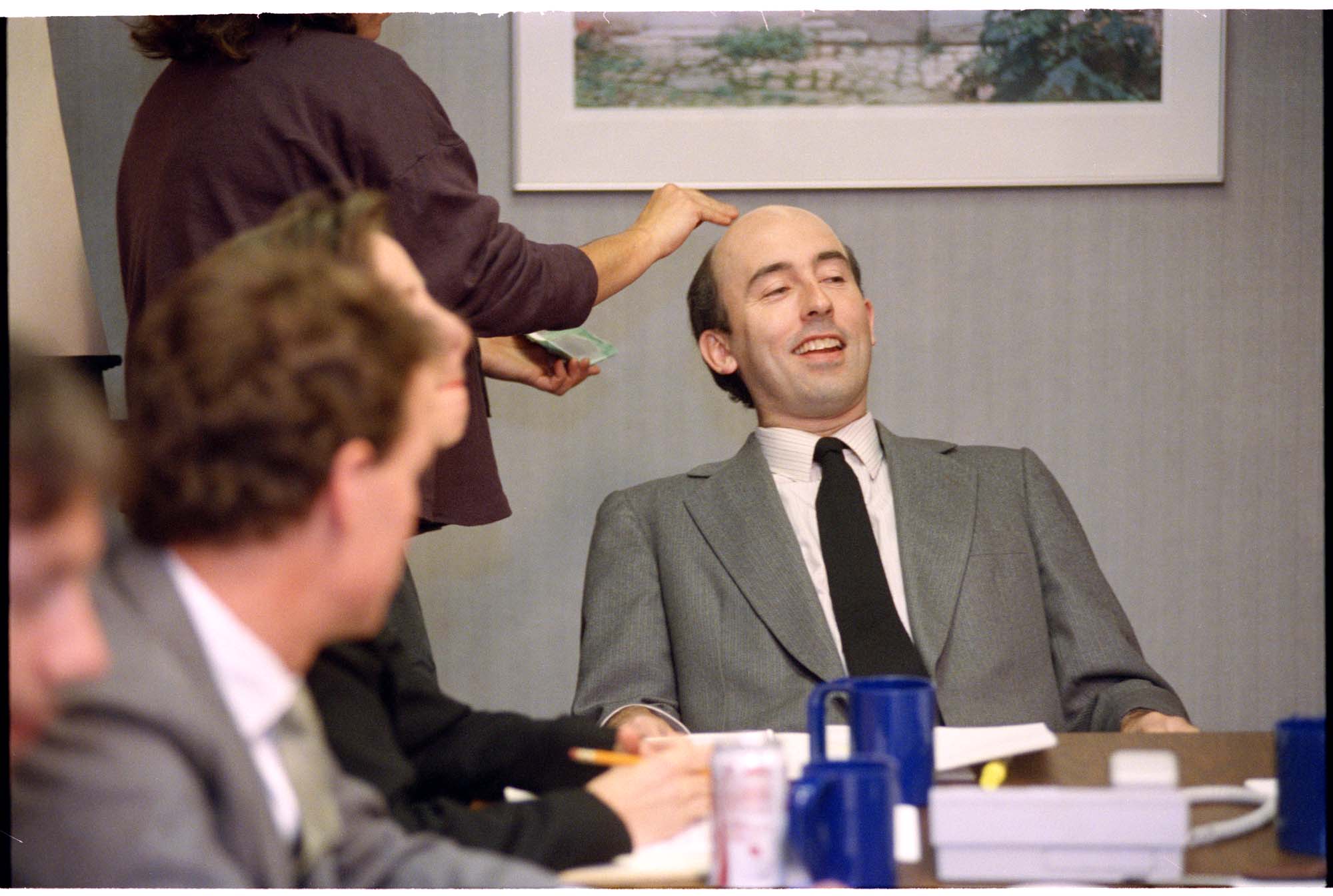 Image of John Keister getting makeup touch-up between takes of Almost Live!, Seattle, September 26, 1992