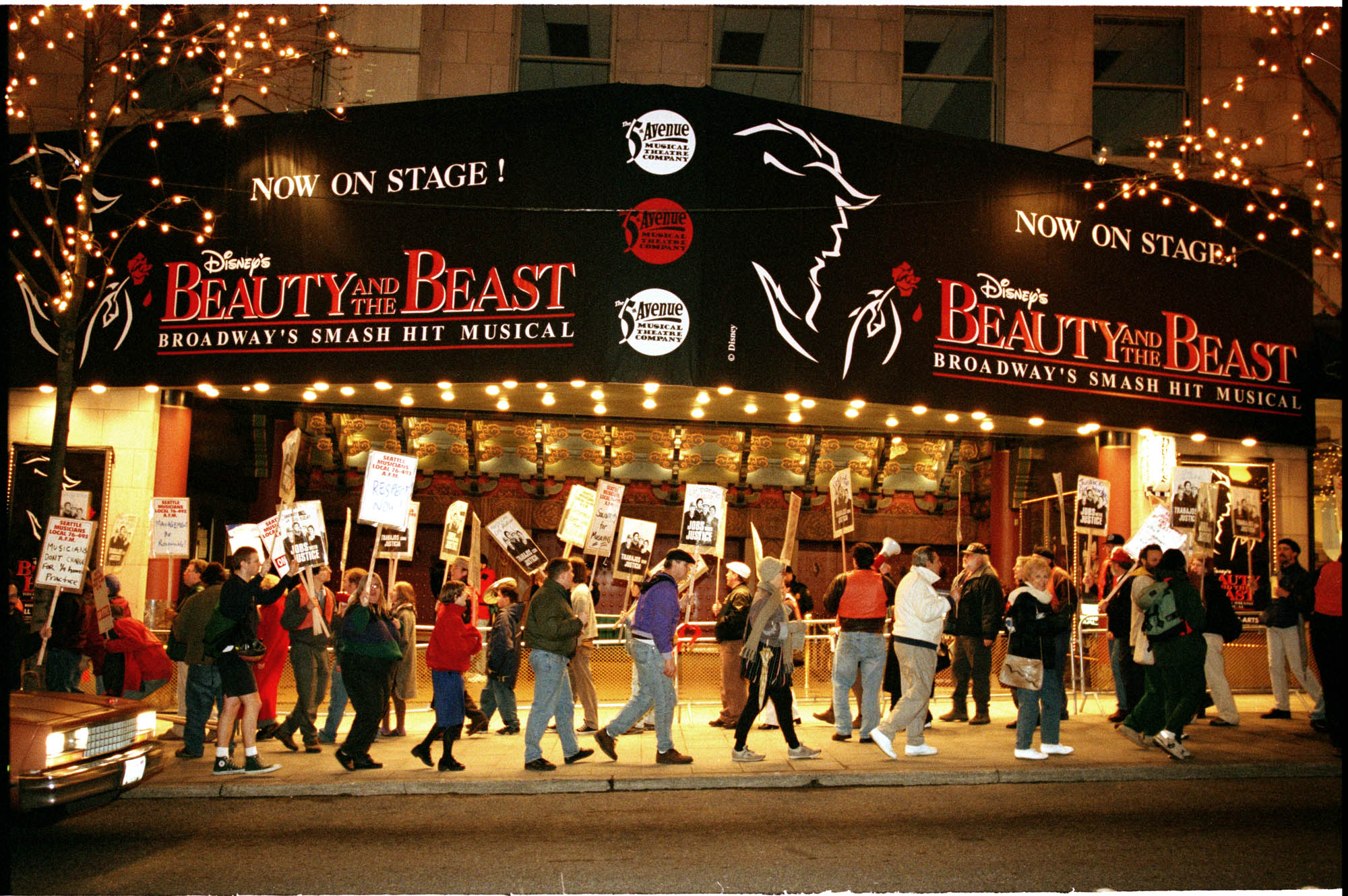 Image of Musician's union members picketing at 5th Avenue Theatre, Seattle, February 13, 1997