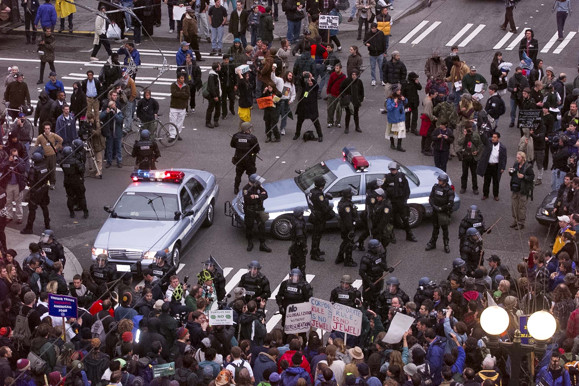 Image of Police and protesters, Seattle, November 29, 1999
