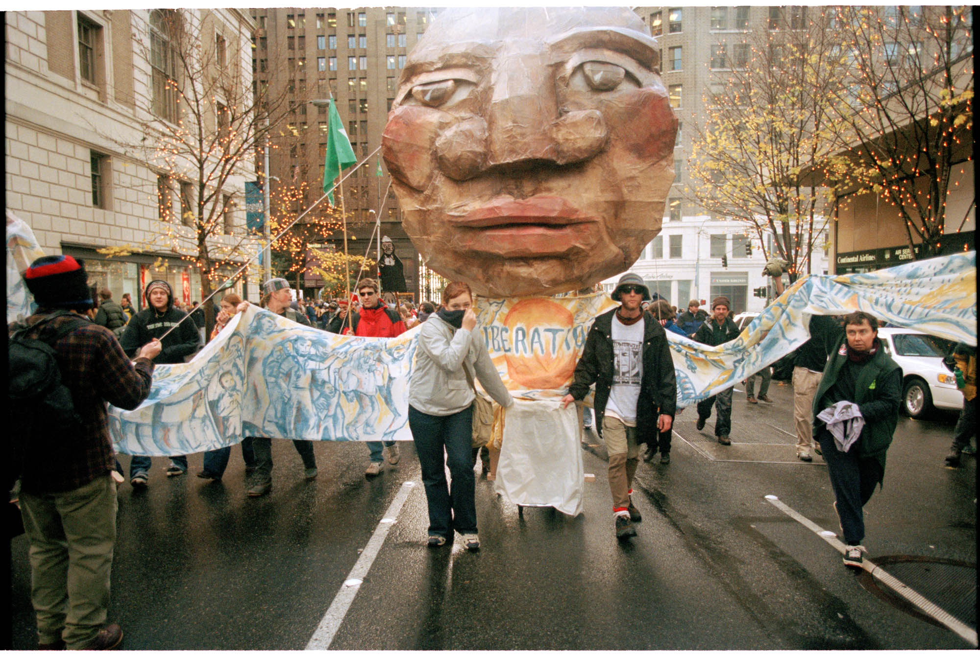 Image of Art and Revolution’s Giant Liberation Puppet at WTO protest, Seattle, November 30, 1999