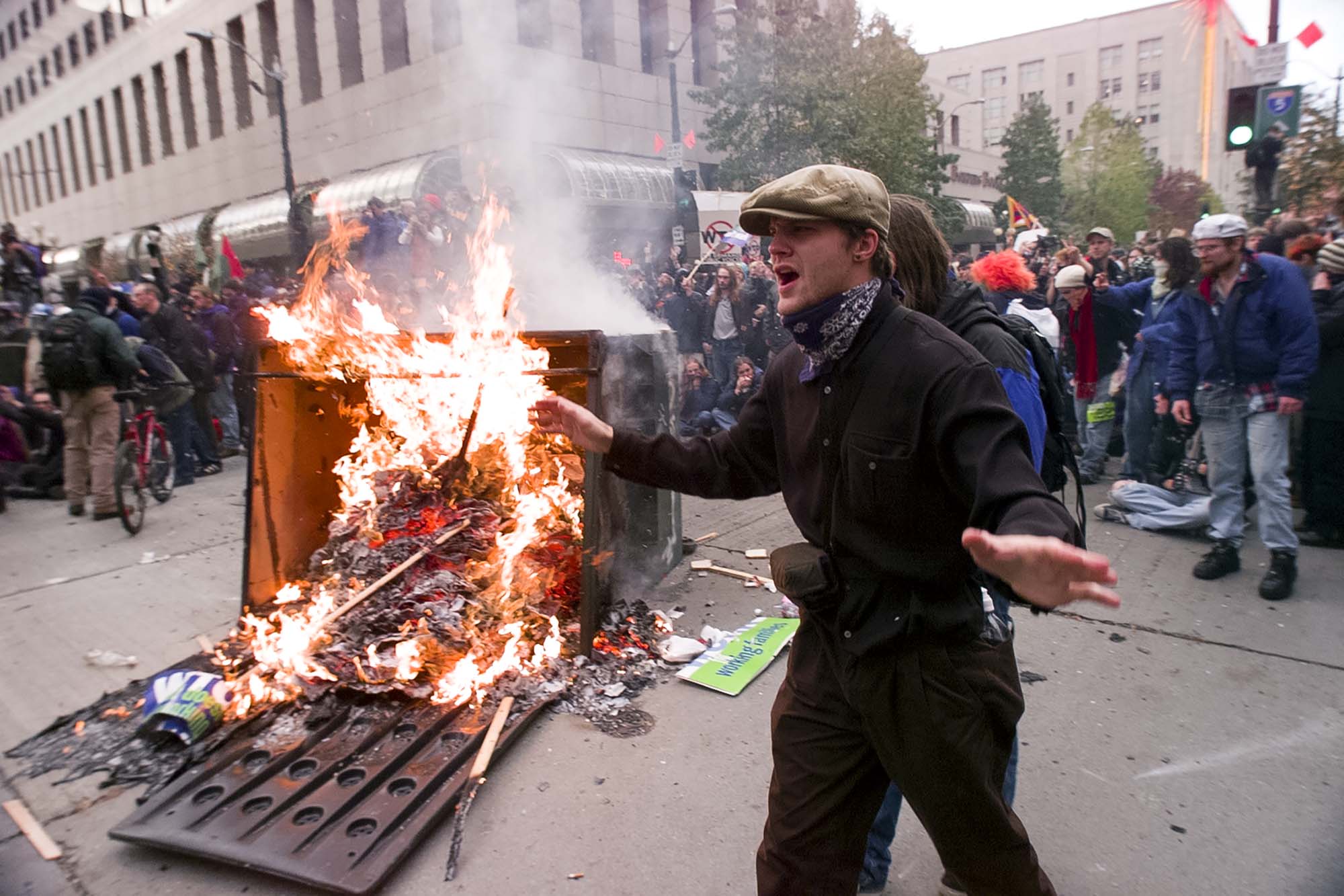 Image of Dumpster fire at WTO protest, Seattle, November 30, 1999