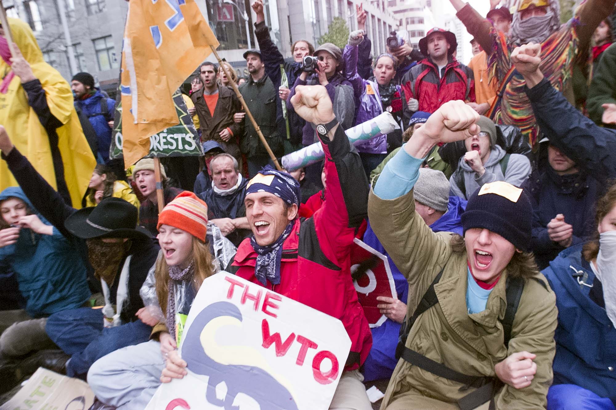 Image of WTO protesters blocking downtown intersection, Seattle, November 30, 1999