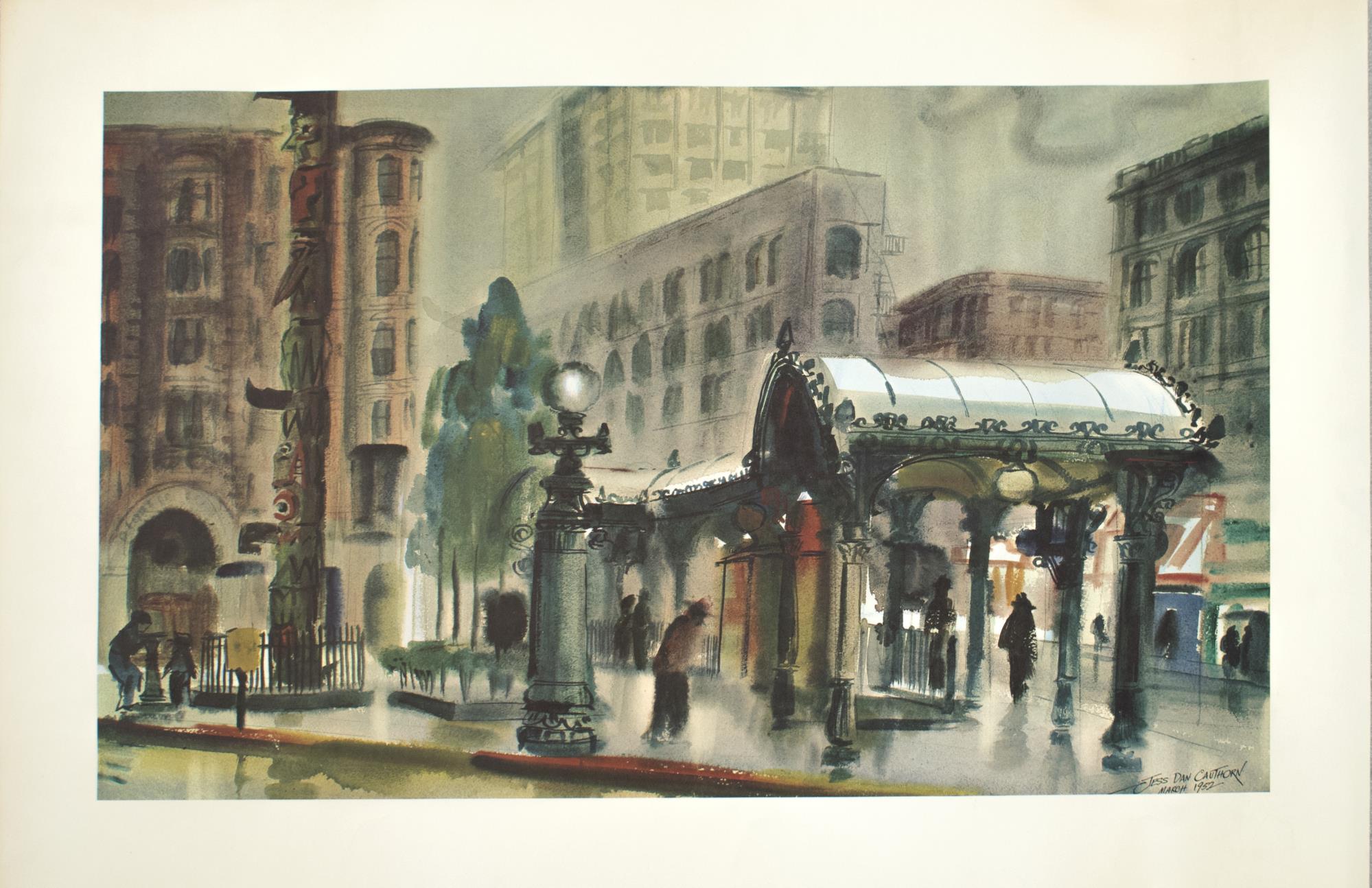 Image of Print of watercolor painting of Pioneer Square in Seattle by Jess Cauthorn, 1952