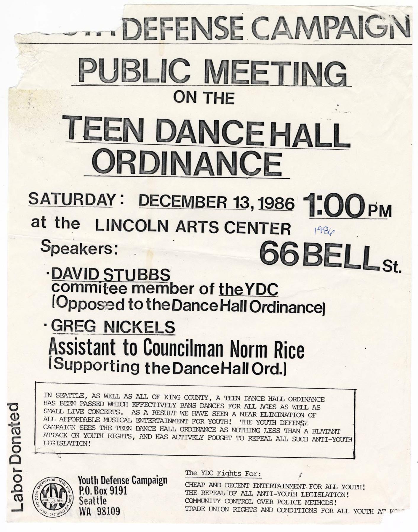 Image of Handbill for a meeting on the Teen Dance Ordinance, Seattle, December 13, 1986