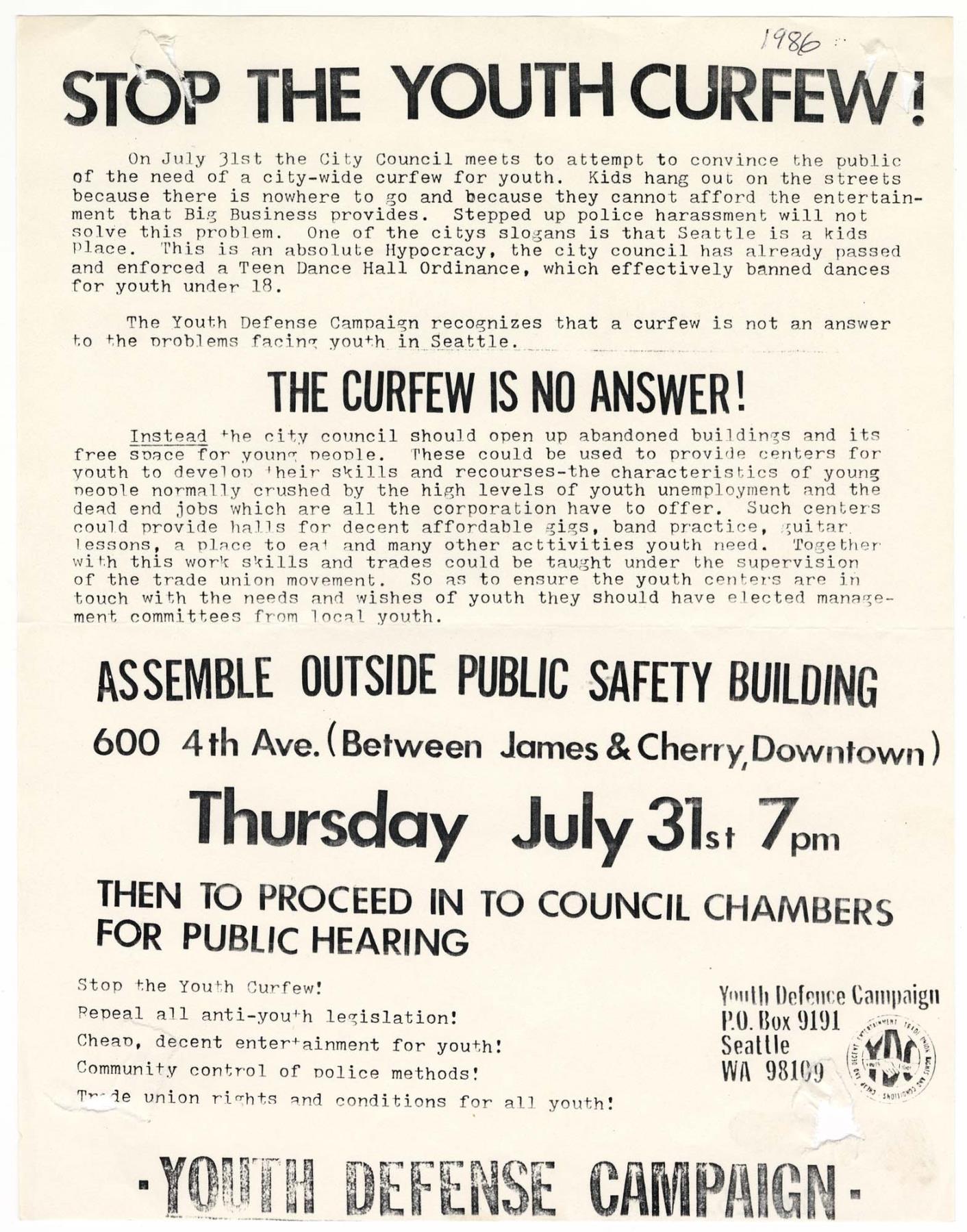 Image of Handbill for rally protesting proposed youth curfew, Seattle, July 21, 1986