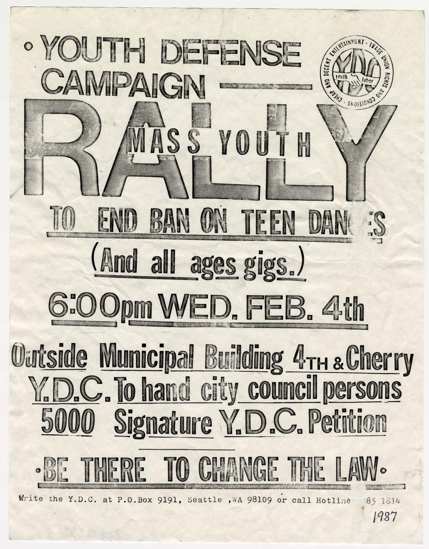 Image of Handbill for youth rally in protest of teen dance regulations, Seattle, February 4, 1987