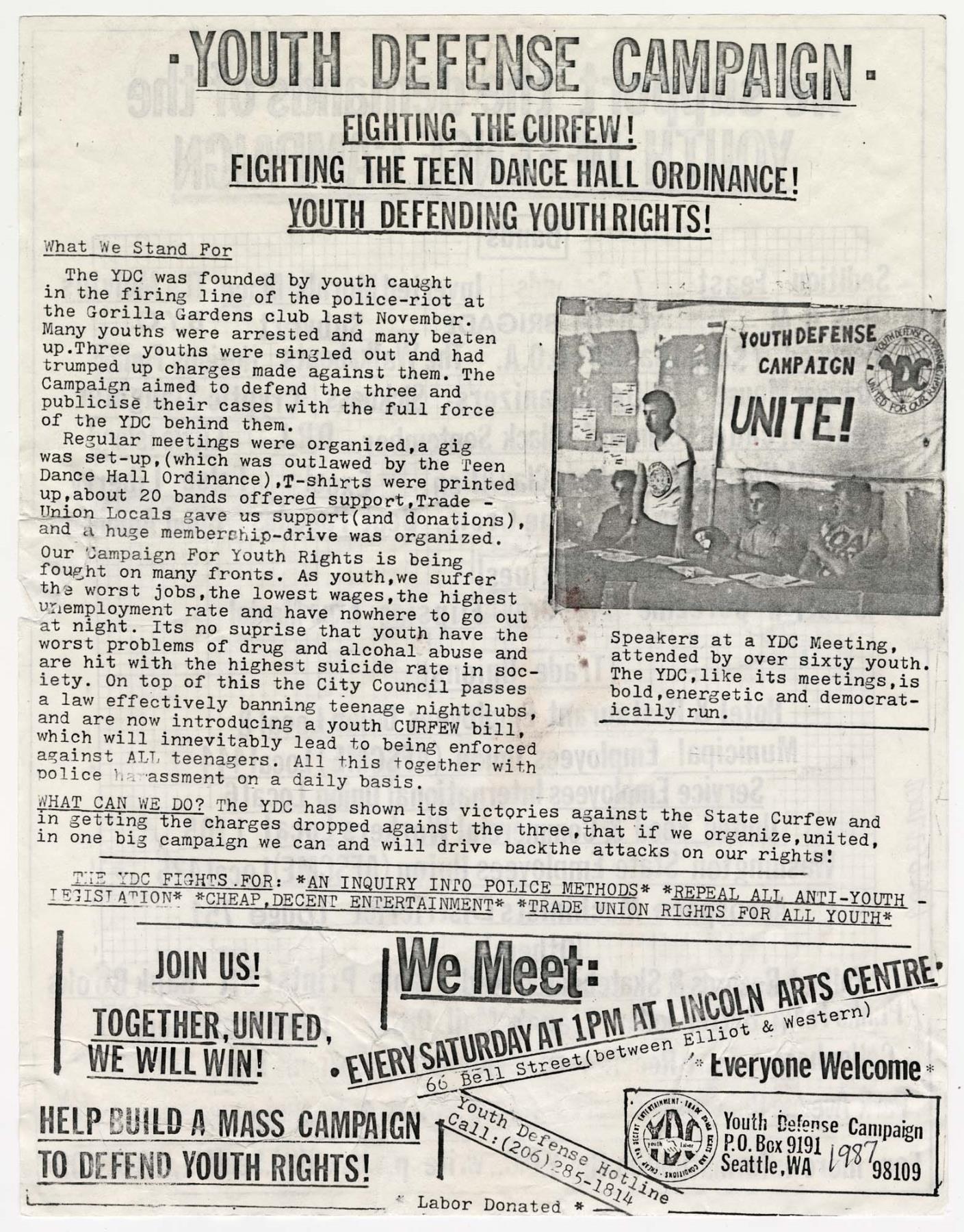 Image of Handbill promoting the Youth Defense Campaign, Seattle, 1987