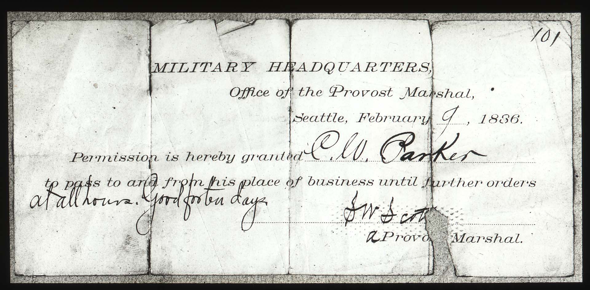 Image of C.W. Parker's Military pass during anti-Chinese riots, Seattle, 1886