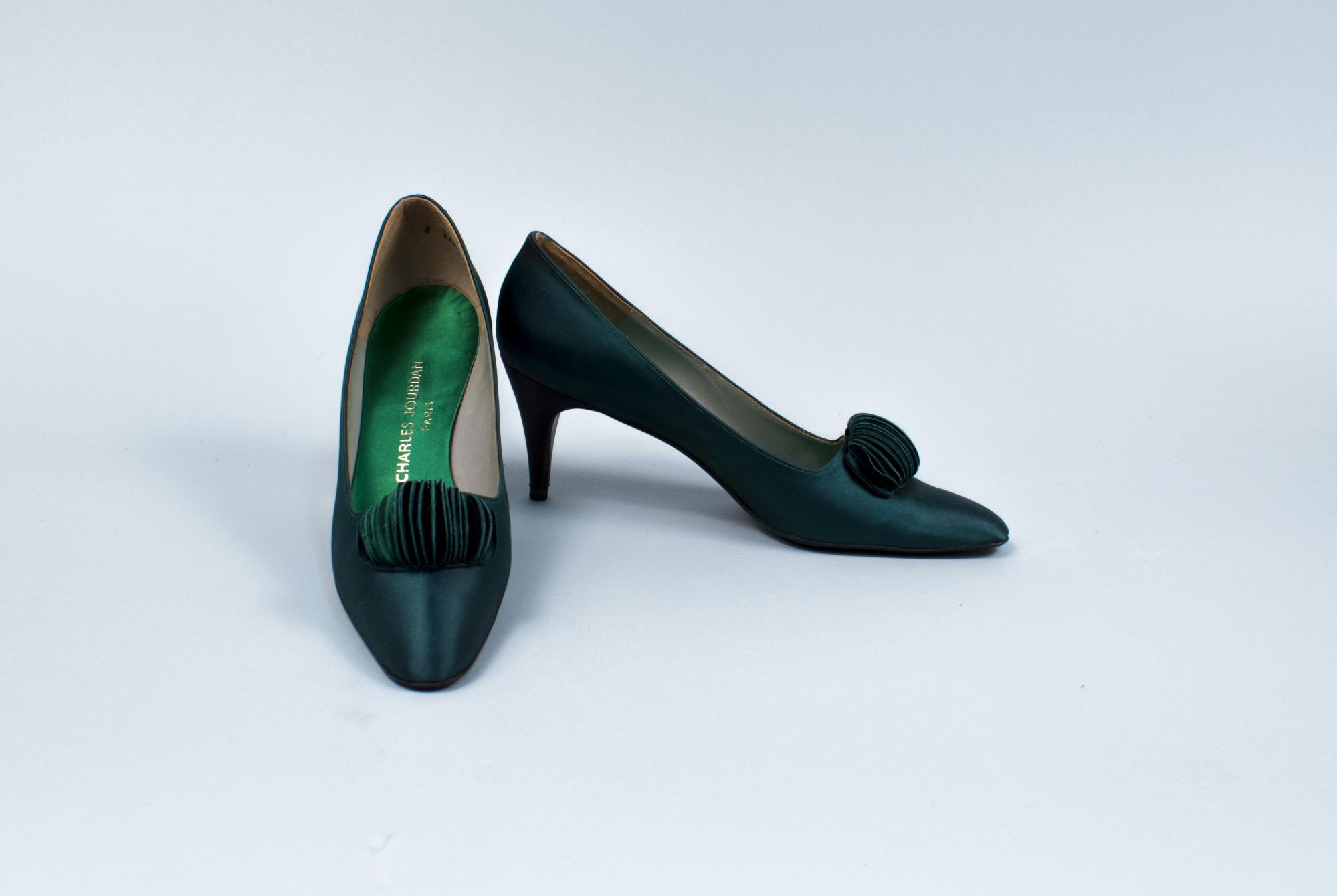 Image of Pair of green satin heels, ca. 1970s