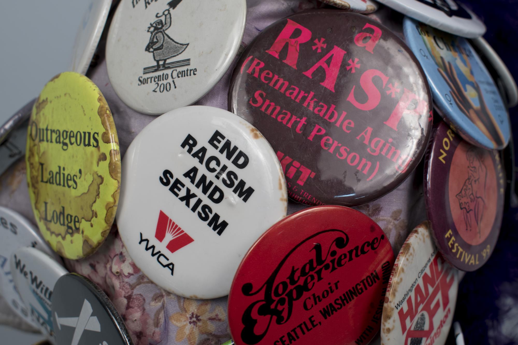 Image of Seattle Raging Grannies hat with activist buttons, ca. 1995