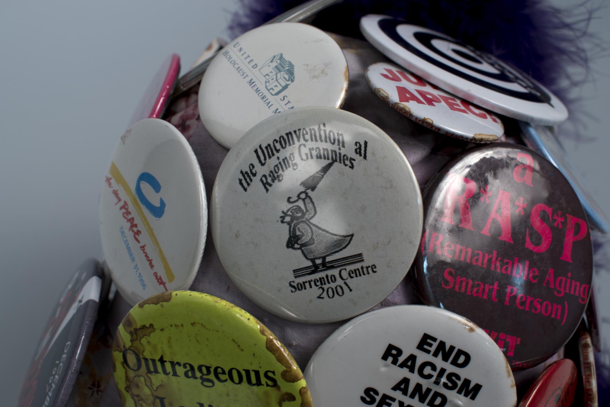 Image of Seattle Raging Grannies hat with activist buttons, ca. 1995