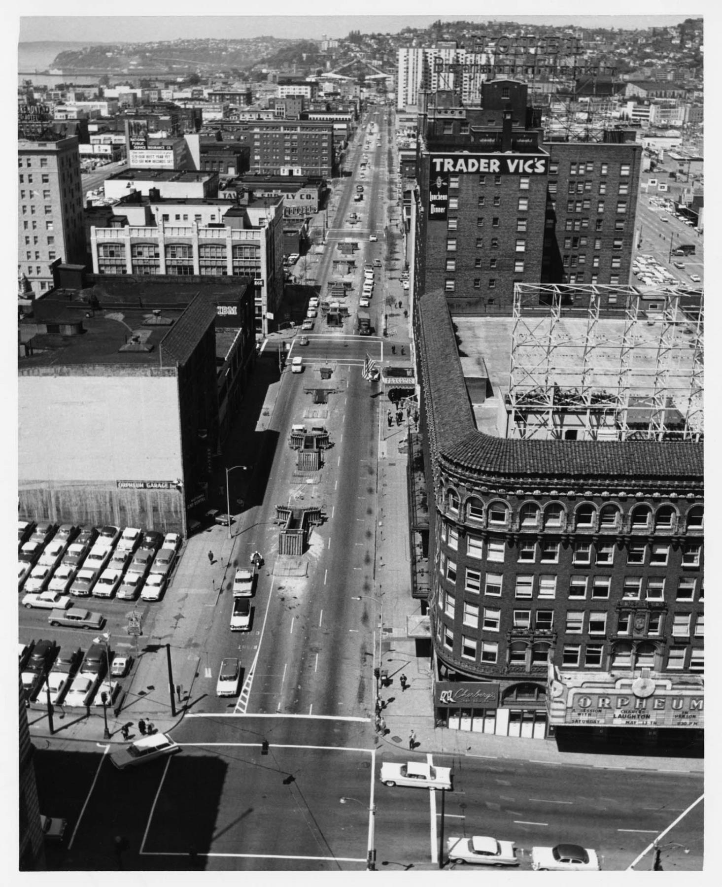Image of Monorail construction along Fifth Avenue, Seattle, 1961