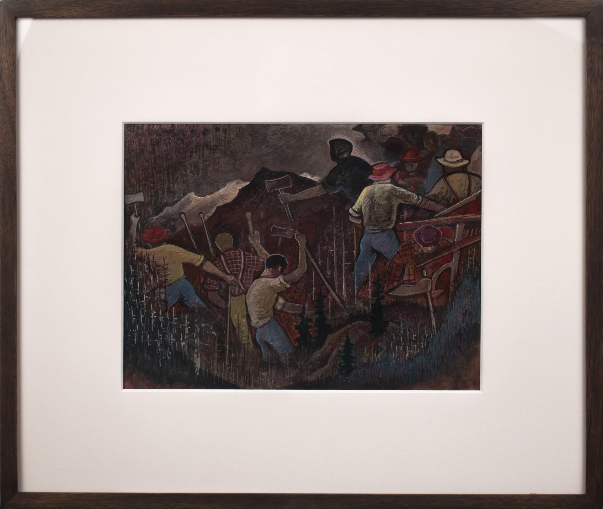Image of Oil painting of loggers working on the hillside by Richard Bennett, 1940-1948