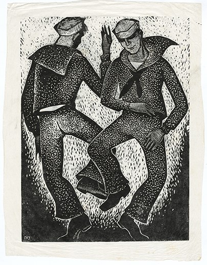 Image of Woodcut print featuring sailors dancing by Richard Bennett, ca. 1930s
