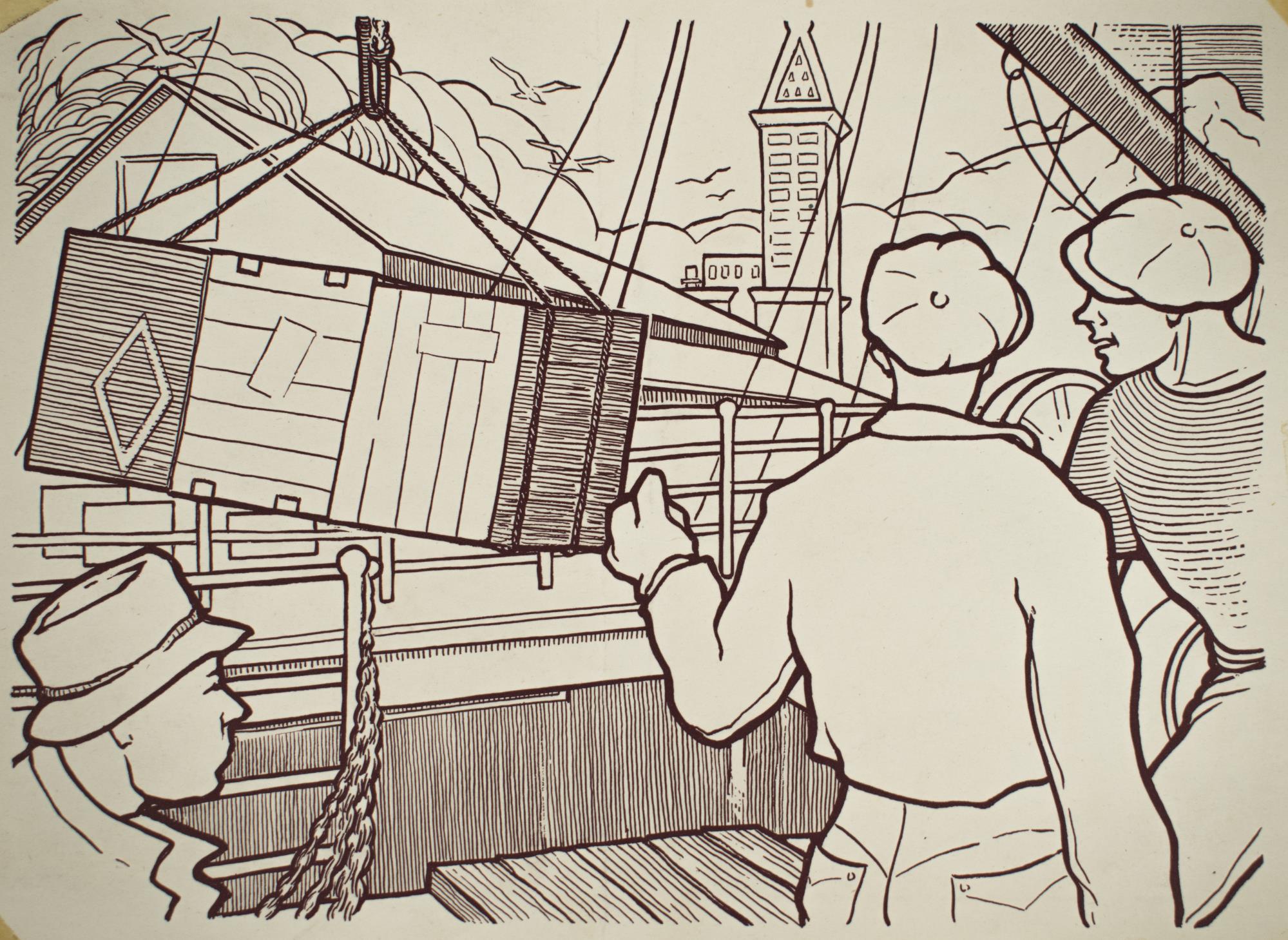 Image of Print of illustration of workers on the Seattle waterfront, from the book 