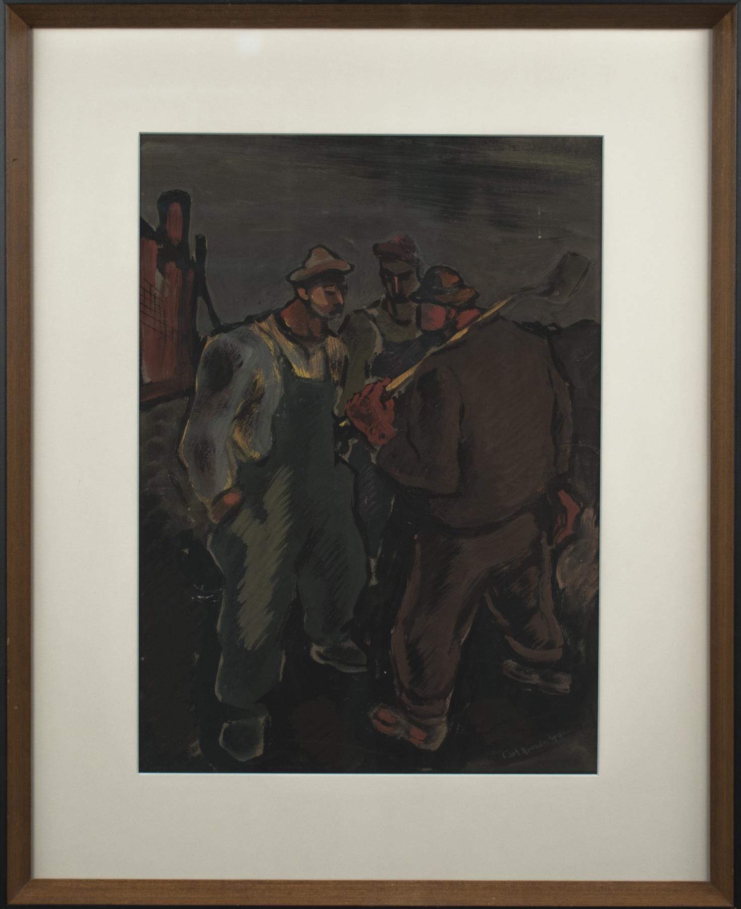 Image of Painting of three workmen in a huddle with one holding a shovel, by Carl Morris, 1920-1960