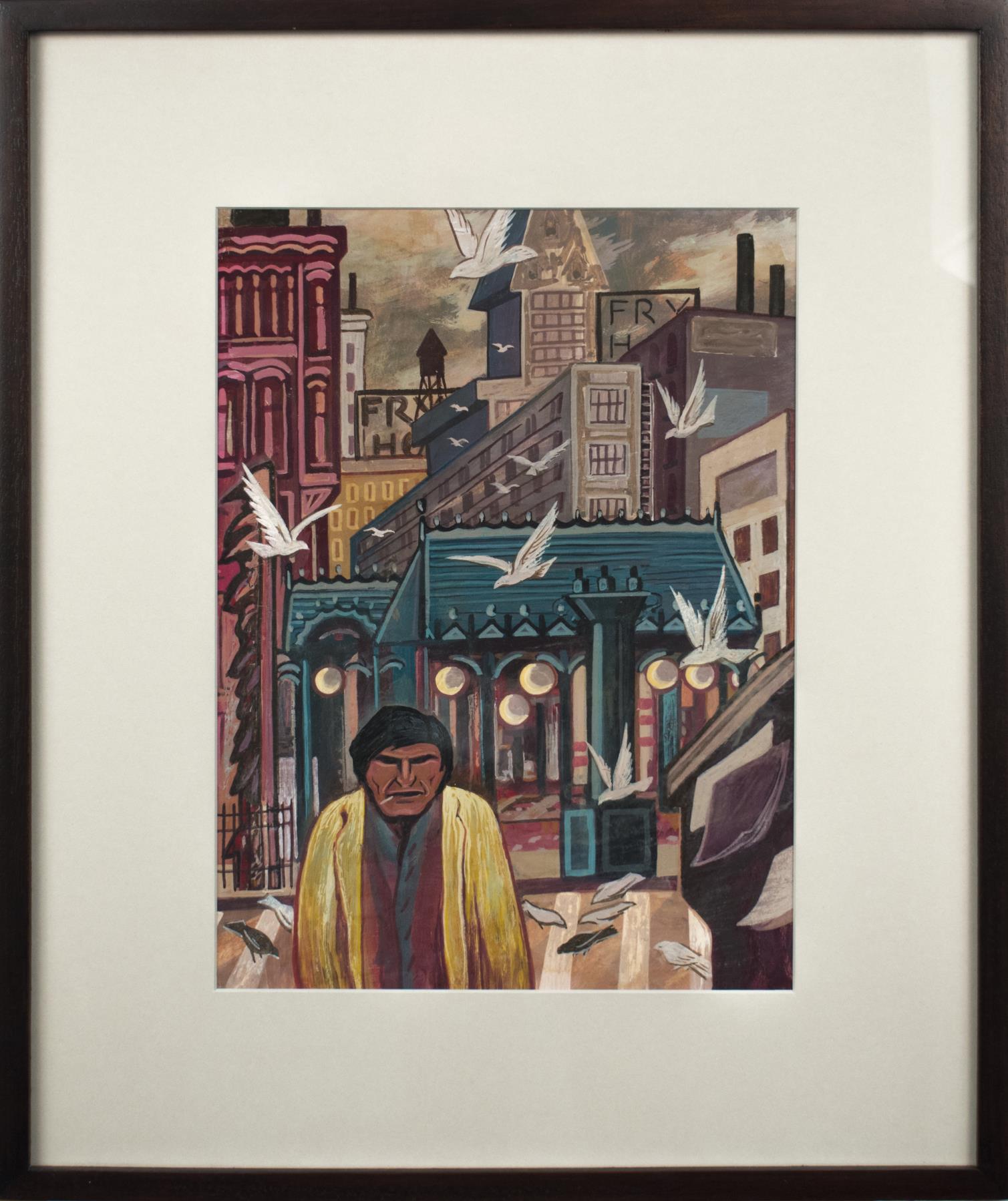 Image of Tempera painting of downtown Seattle with Indigenous figure by Richard Bennett, 1940-1948
