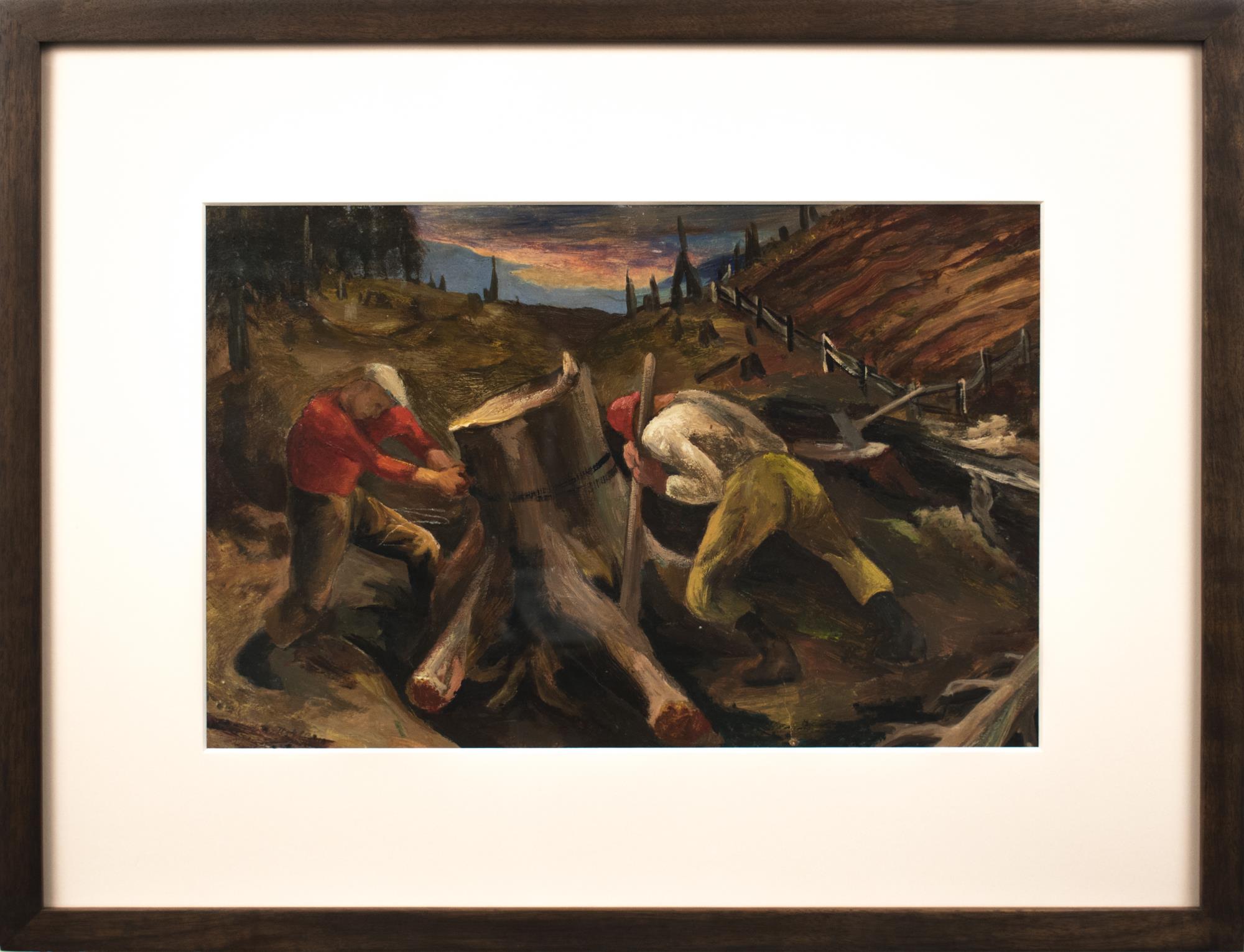 Image of Oil painting of two loggers sawing a stump by Kenneth Callahan, ca. 1950