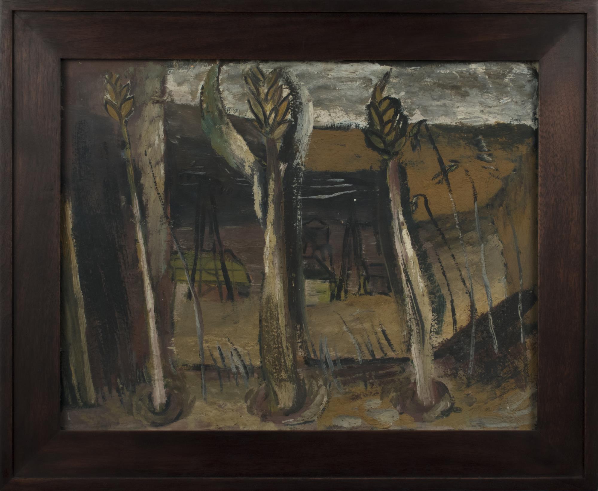 Image of Oil painting of an eastern Washington scene with large wheat stalks by Guy Anderson, ca. 1950