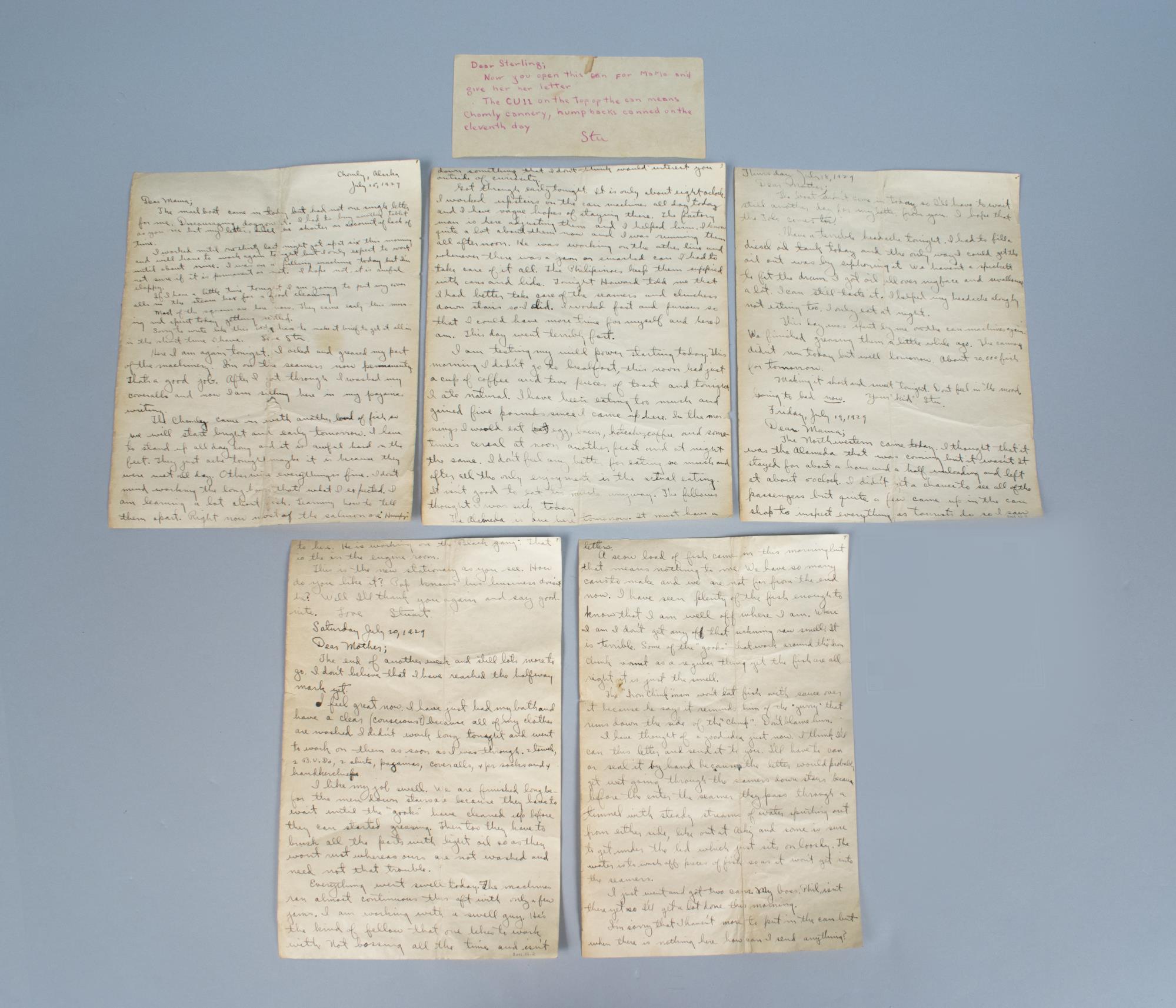 Image of Letter mailed in salmon can from Stuart Trick to his mother, 1929