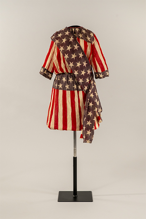 Image of American flag dress, worn by Edna Elizabeth Morrison as Miss Liberty at the AYPE, 1909