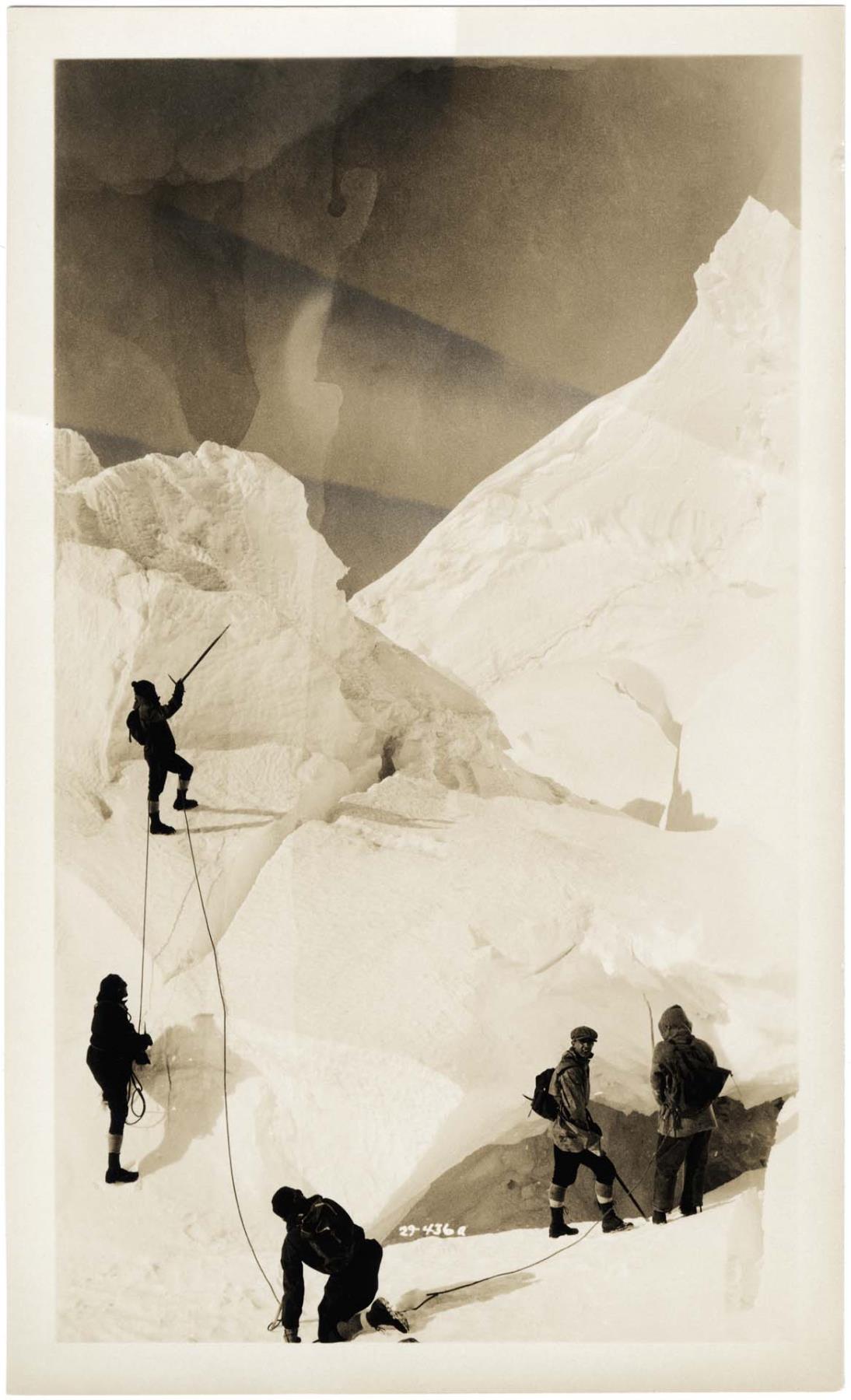Image of Five men near a crevasse during search and rescue operation, Mount Rainier National Park, July 1929