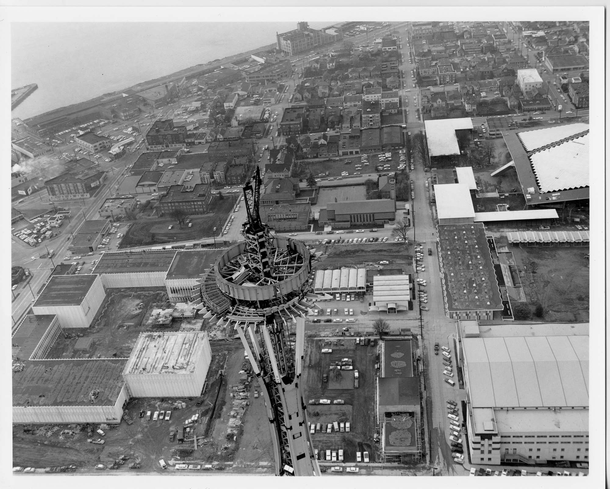 Image of Aerial view of the construction of the Space Needle, November 26, 1961
