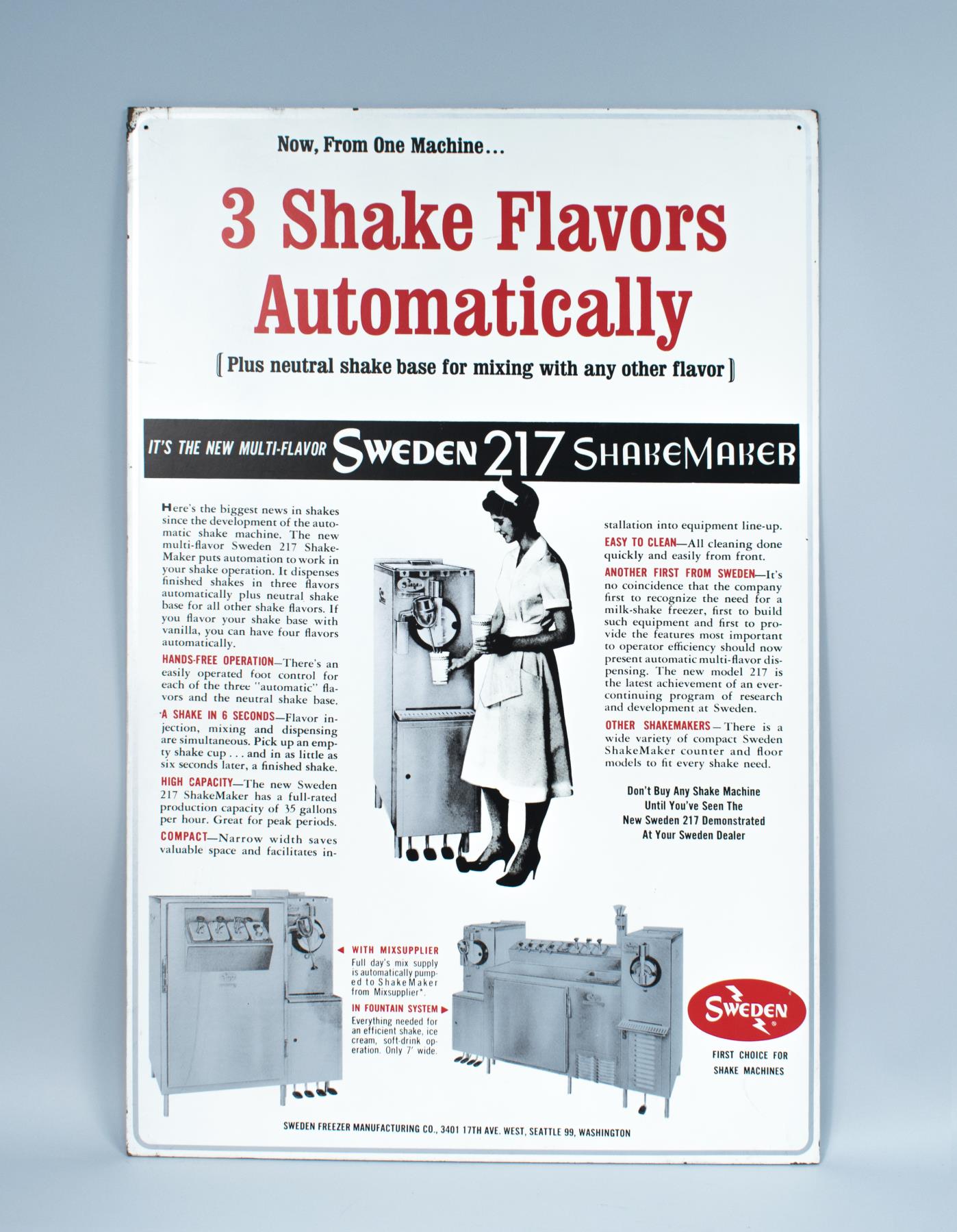 Image of Sign advertisement for Sweden 217 Shakemaker, ca. 1950s