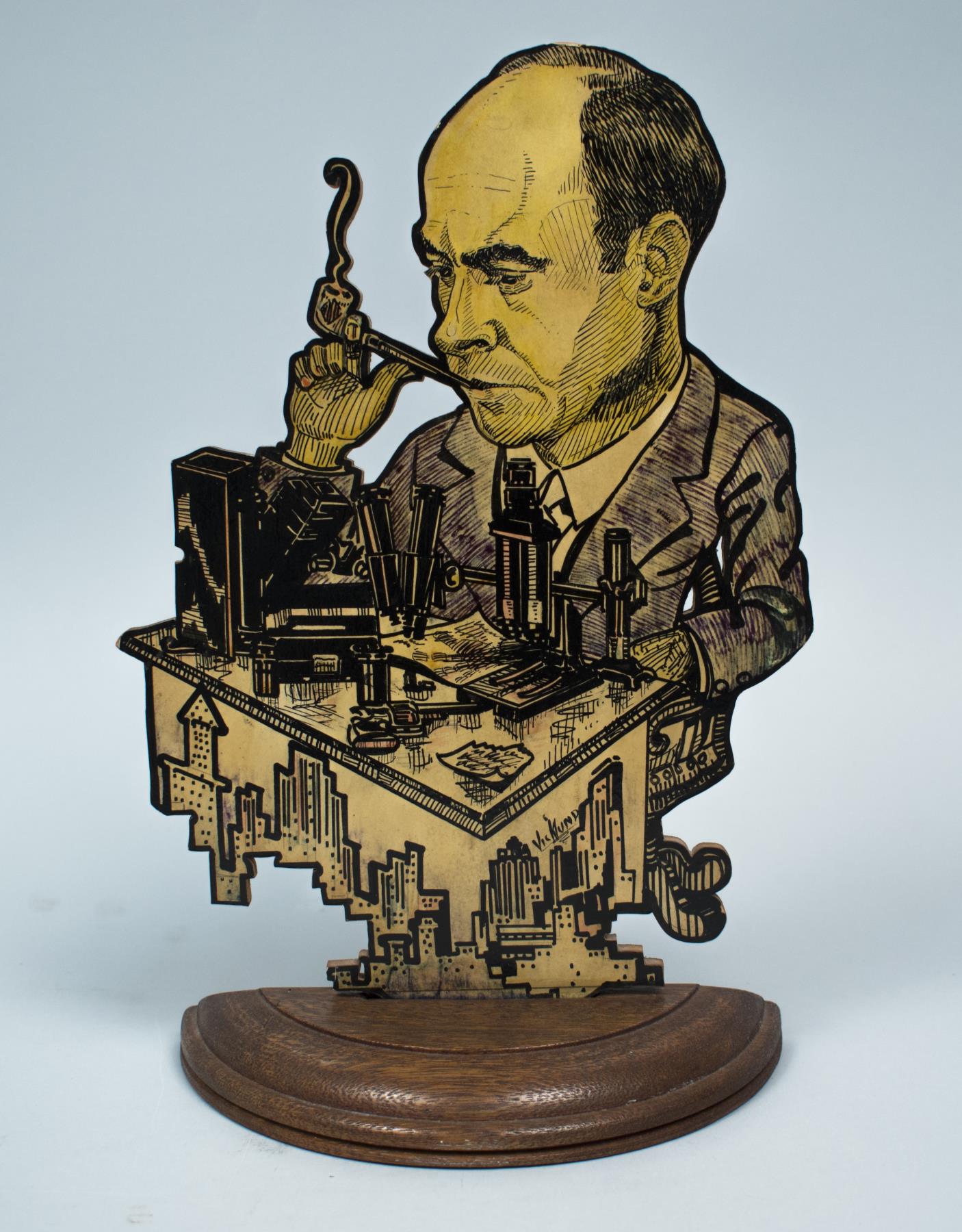 Image of Caricature on wood of Luke May, ca. 1950s