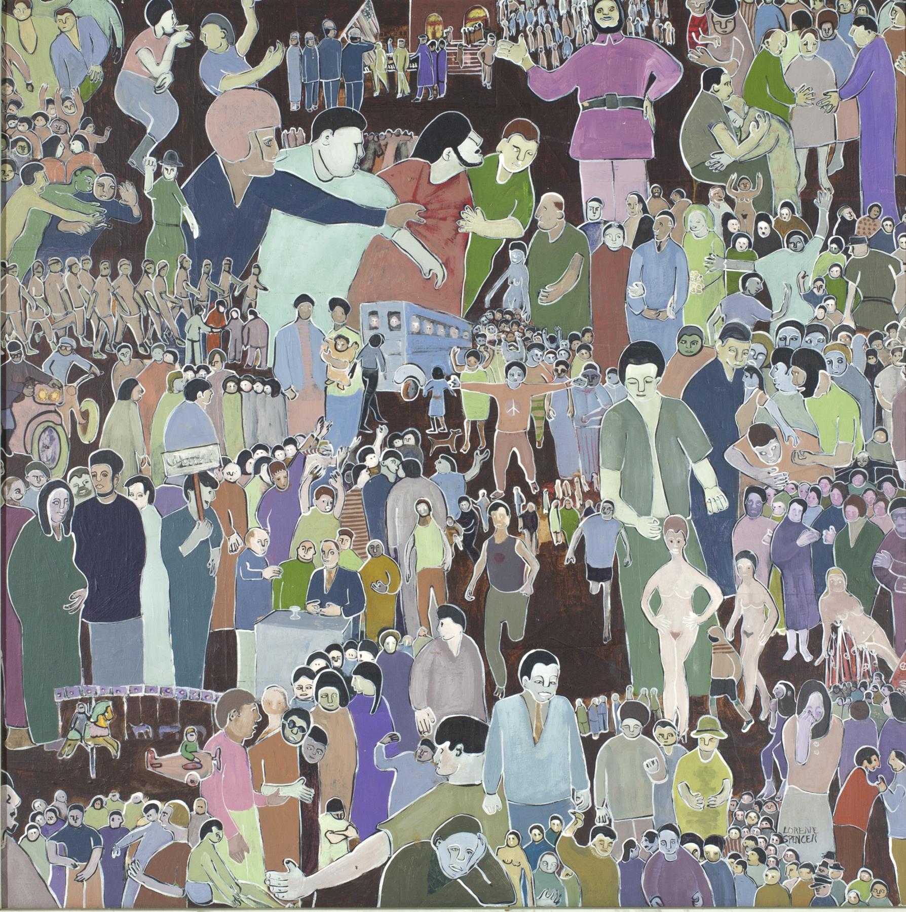 Image of Gouache painting depicting the protest movements in the 1960s by Lorene Spencer
