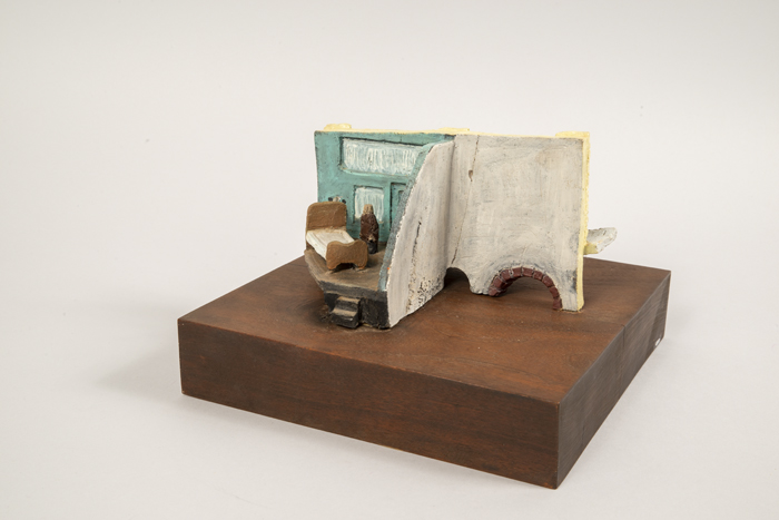 Image of Sculpted ceramic scene depicting a brothel interior and exterior by Lorene Spencer, 1970