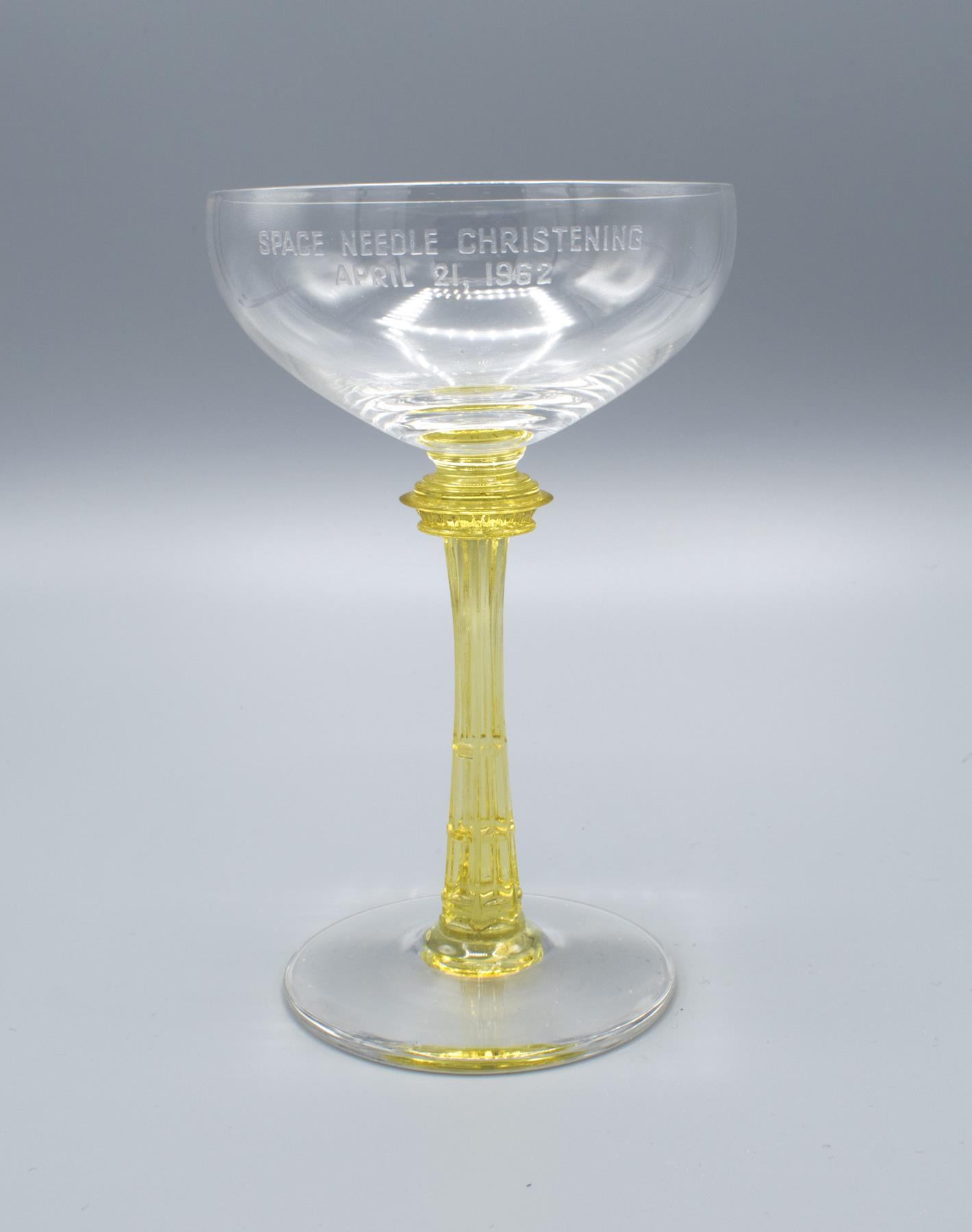 Image of Champagne glass used to toast the christening of the Space Needle on April 23, 1962