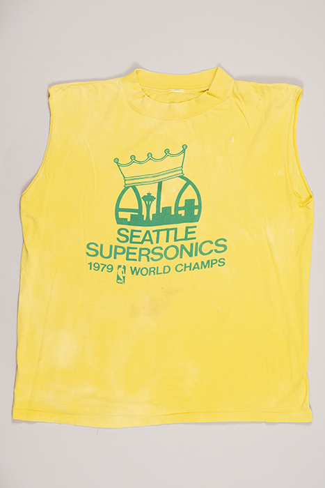 Image of Seattle Supersonics 1979 World Champs T-shirt with sleeves cut off, 1979