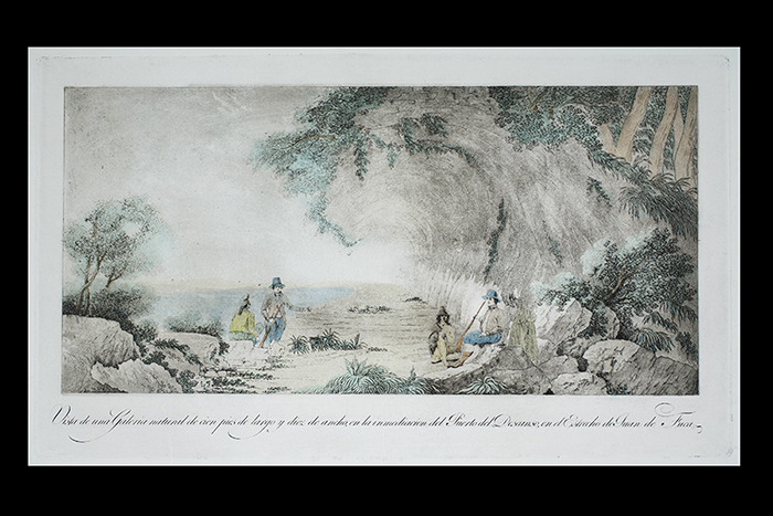 Image of Color print of illustration of Spanish explorers meeting with Salish people in the Strait of Juan de Fuca (now the Strait of Georgia), ca. 1792