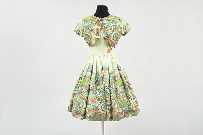 Image of Dress and bolero made out of World's Fair fabric, ca. 1962