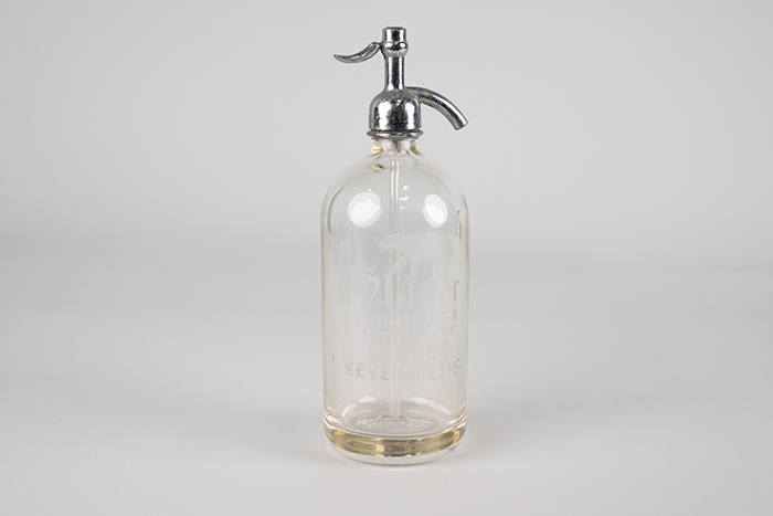 Image of Glass seltzer bottle from Glaser Beverages Inc., ca. 1940
