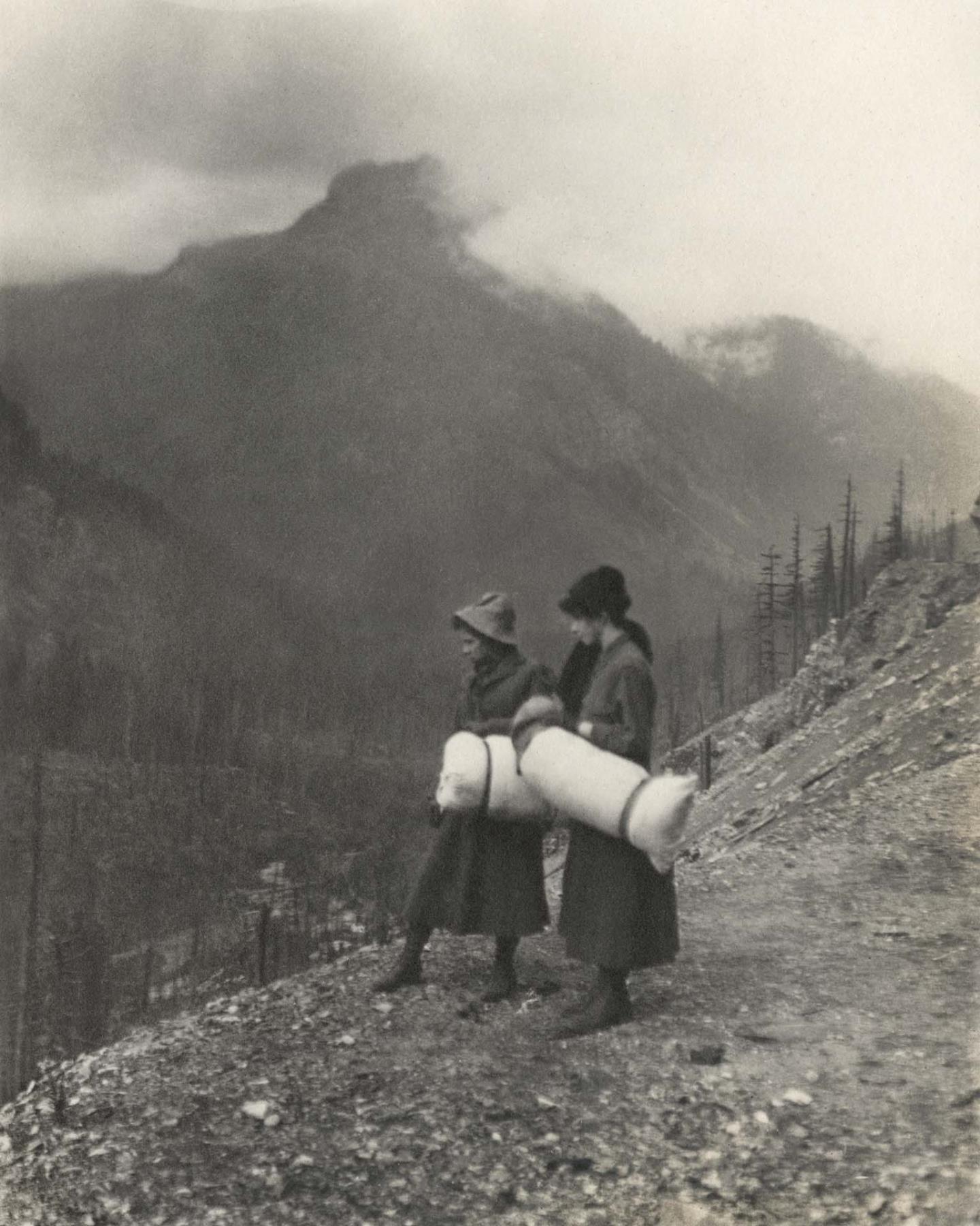 Image of Two women Mountaineers on way to Rockdale showing Denny Mountain and Snoqualmie River, September 7, 1914