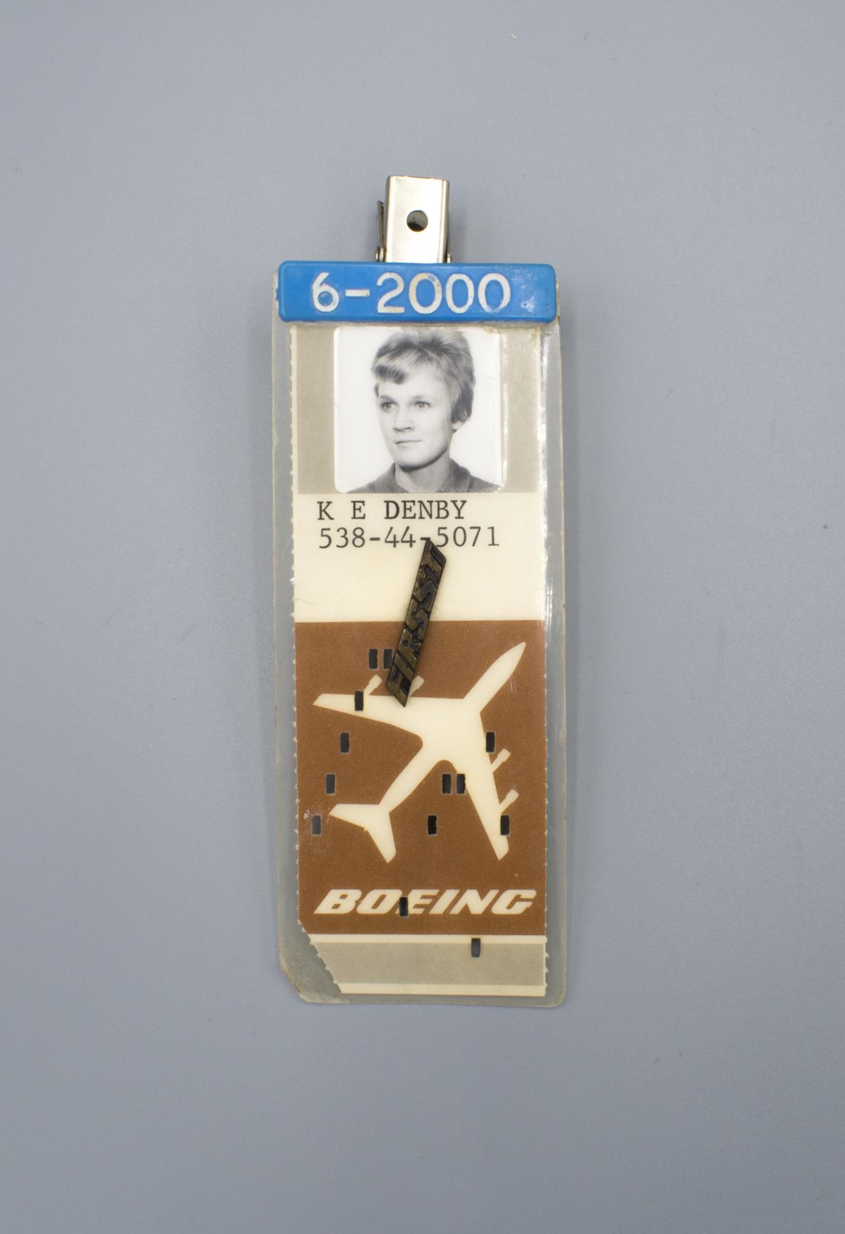 Image of Boeing ID badge for employee K.E. Denby, 1971