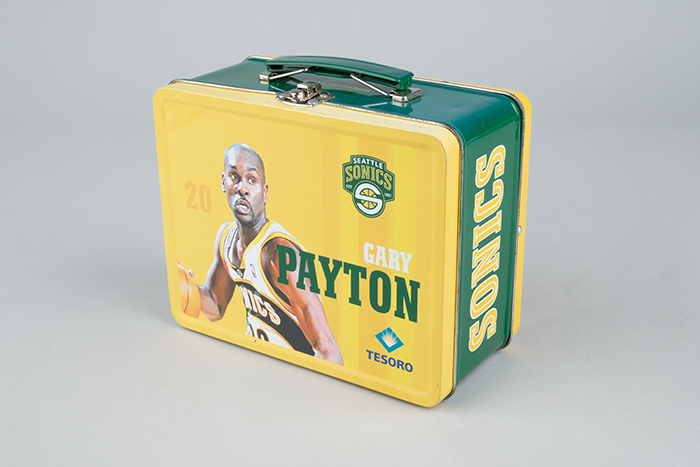 Image of Seattle Sonics souvenir lunchbox, featuring #20 Gary Payton and #7 Rashard Lewis, ca. 2000-2003
