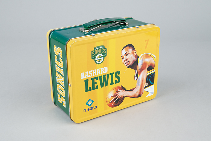 Image of Seattle Sonics souvenir lunchbox, featuring #20 Gary Payton and #7 Rashard Lewis, ca. 2000-2003