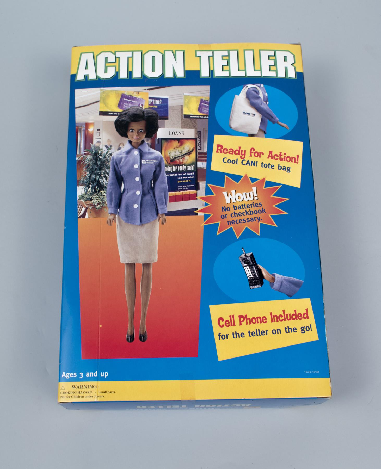 Image of Washington Mutual Bank action teller doll in original packaging with accessories, ca. 2000